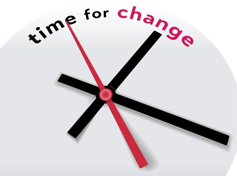 A clock with hands pointing to the words, “time for change.”