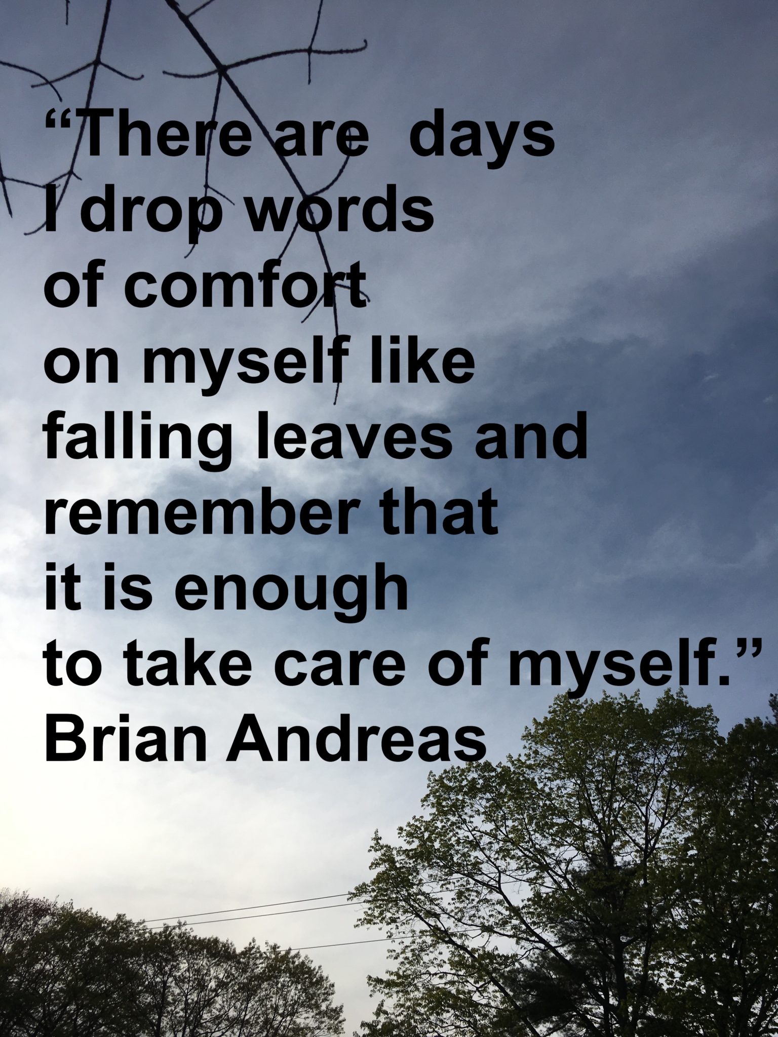 “There are days when I drop words of comfort on myself like falling leaves and remember that it is enough to take care of myself.” Brian Andreas