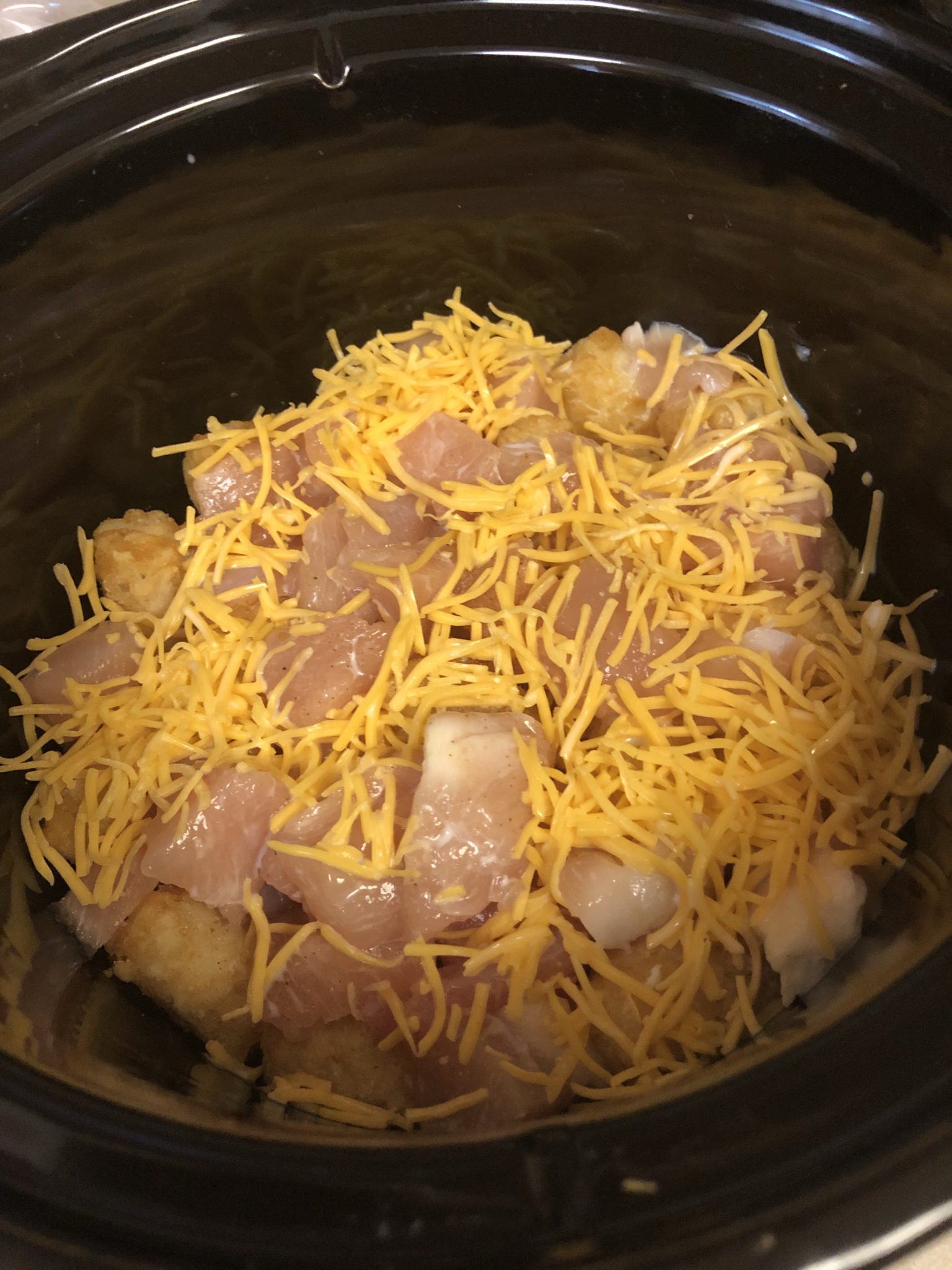 Uncooked casserole in the crockpot
