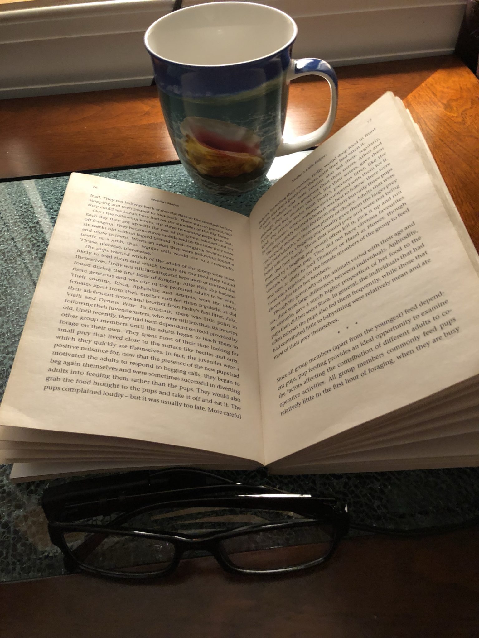 A book open on a table next to glasses and a coffee cup.