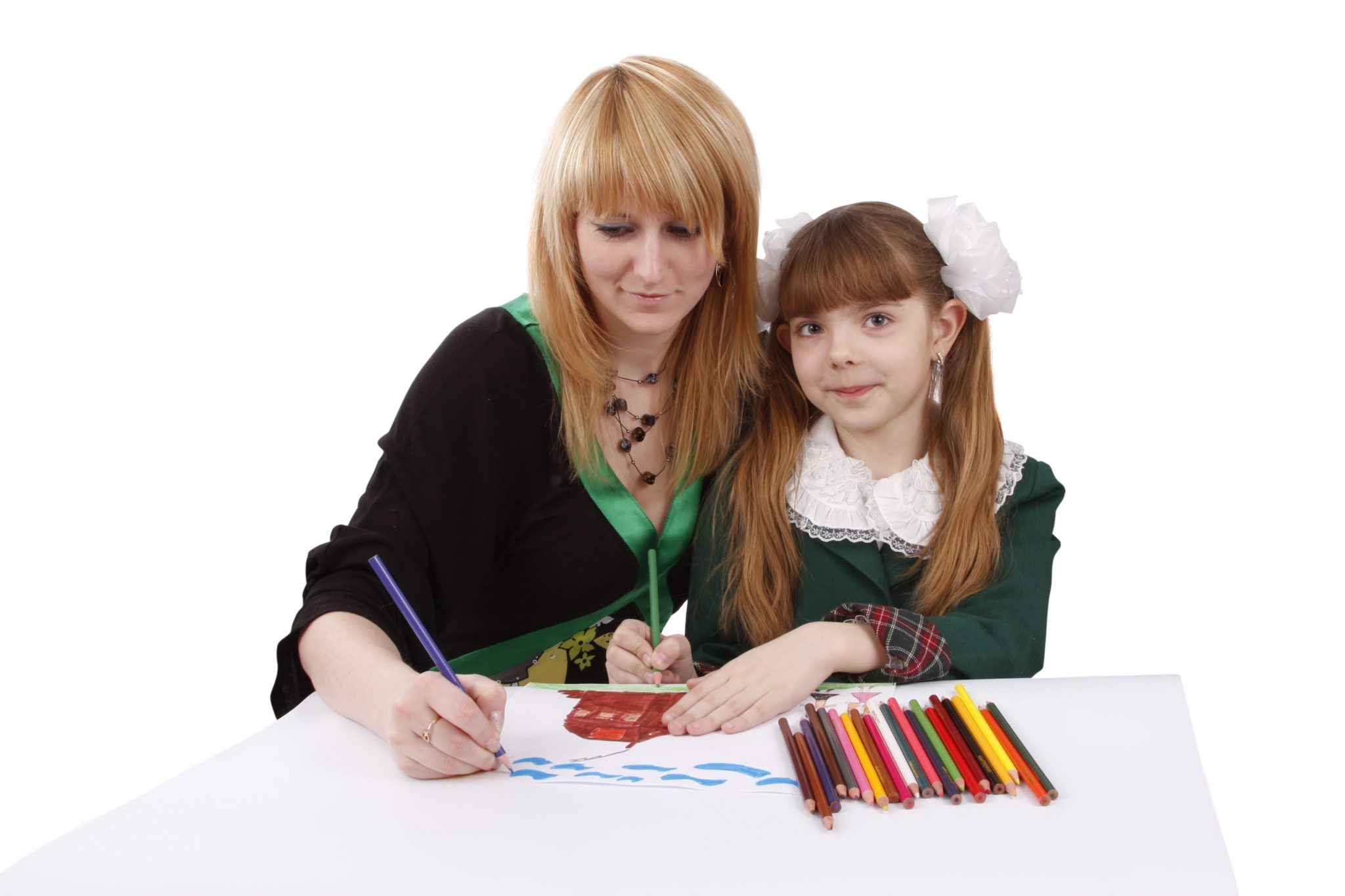 Mother and daughter painting together.