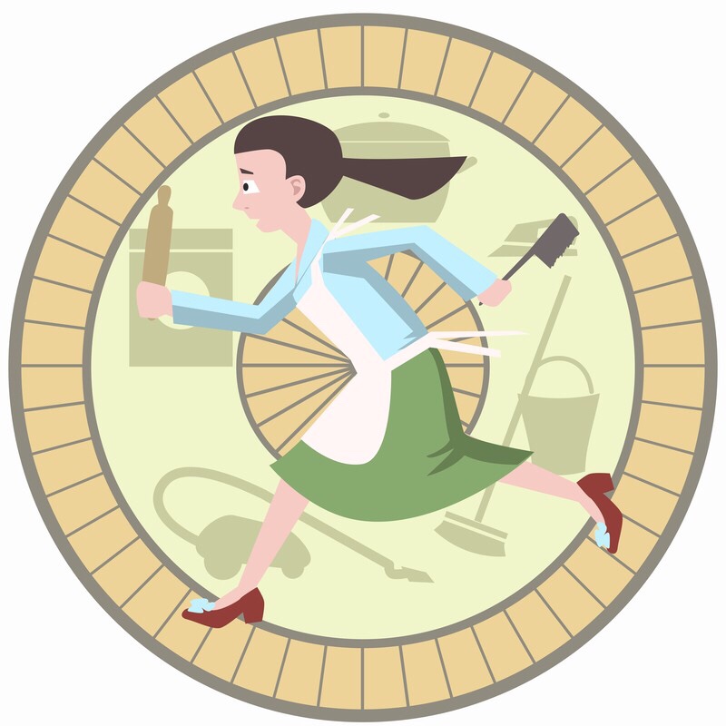 Cartoon of woman with kitchen tools running in a hamster wheel.