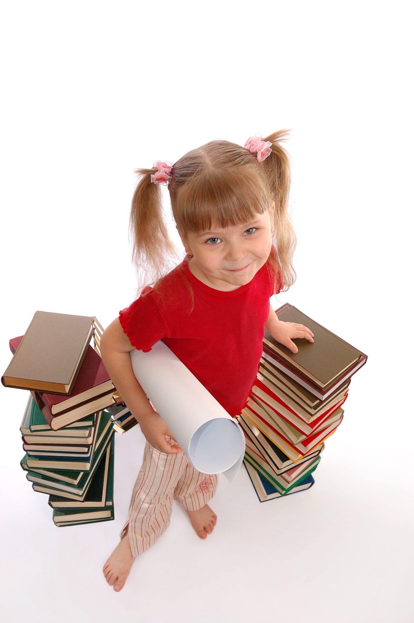 Girl with stack of books.