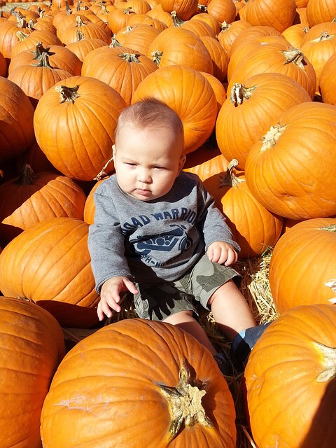 Child surrounded by pumpkins.