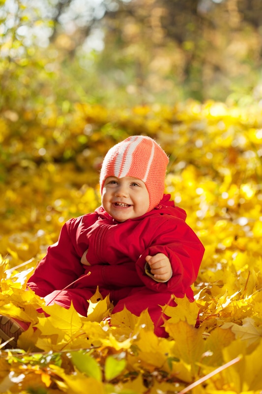 Toddler girl sitting in leaves