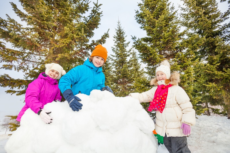 Children playing behind snow wall