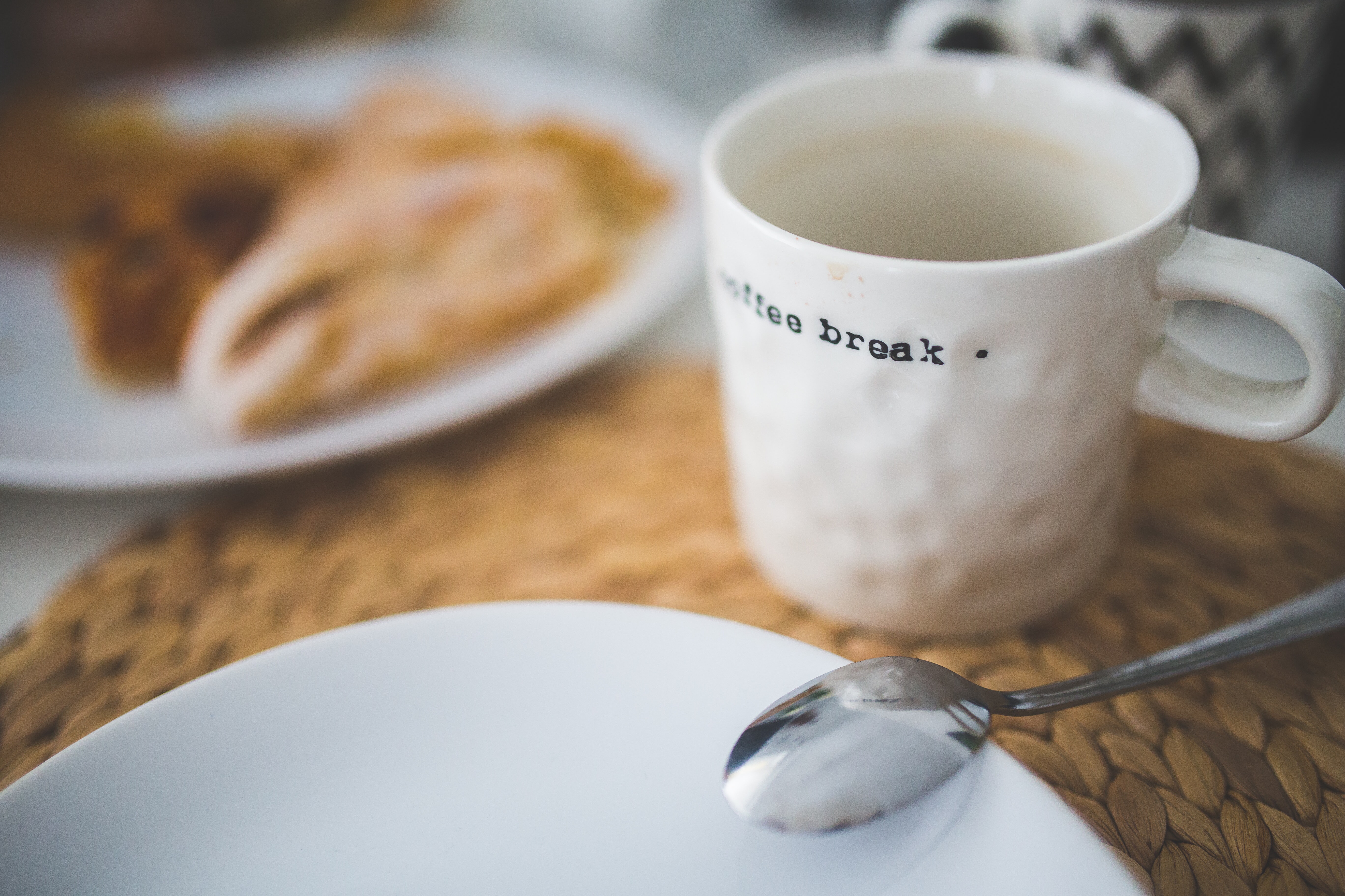 Break time with coffee and food.