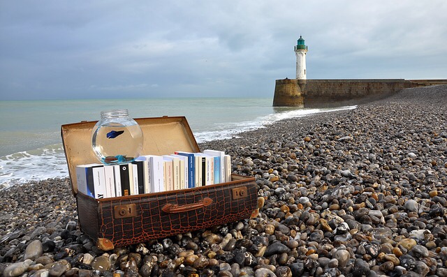 Coastline lighthouse with books in suitcase