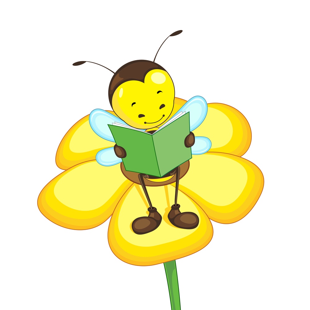 Bee reading book sitting on a flower