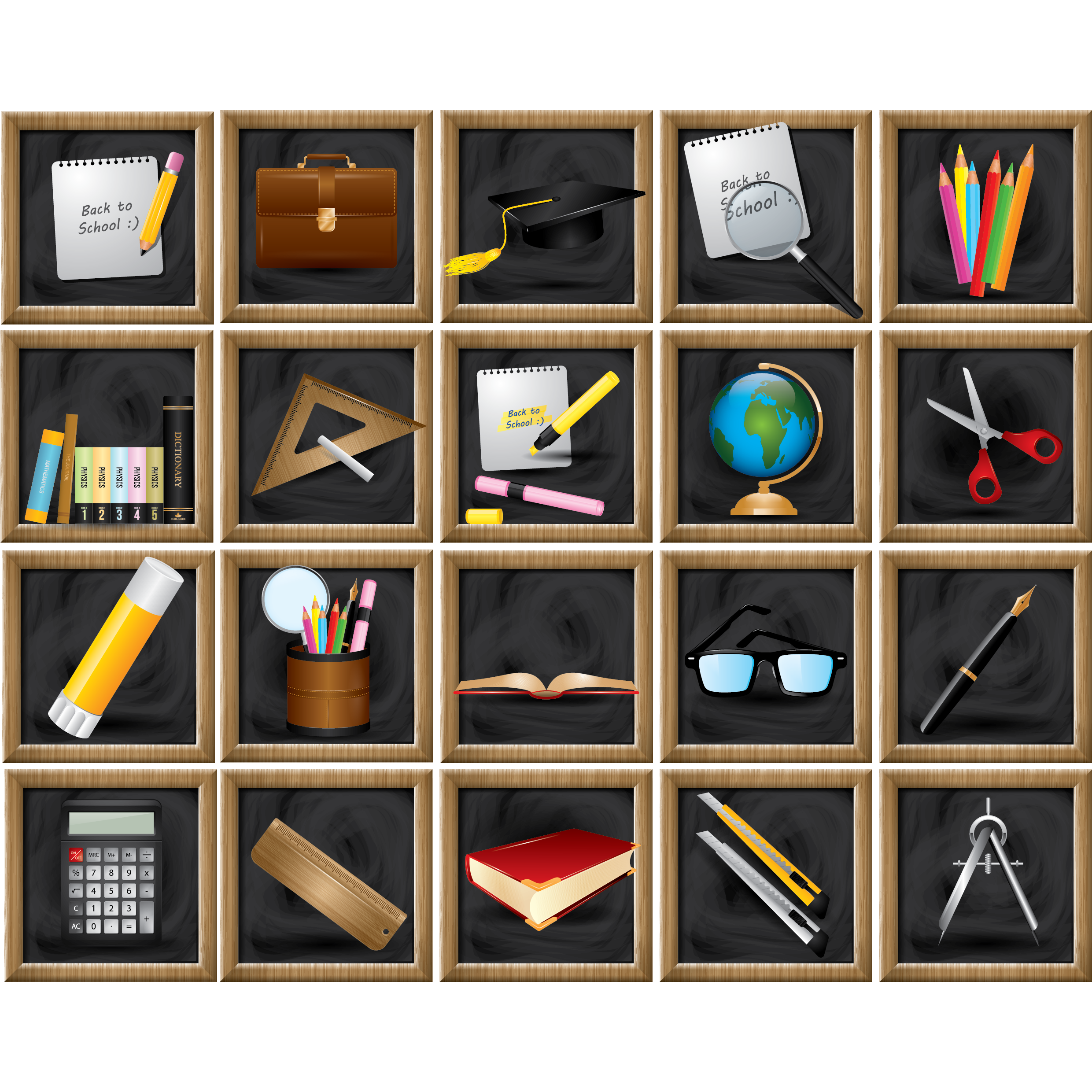 School supplies on a chalkboard.