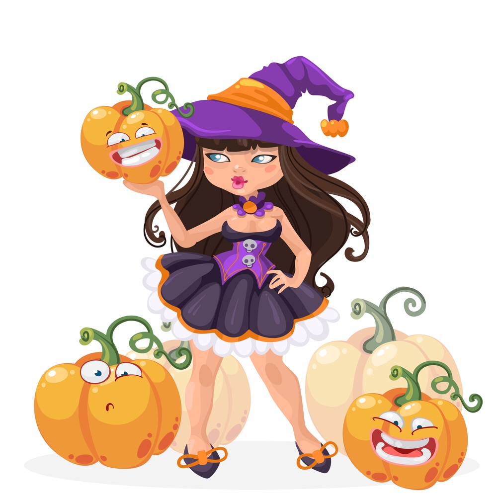 Little girl witch with pumpkins