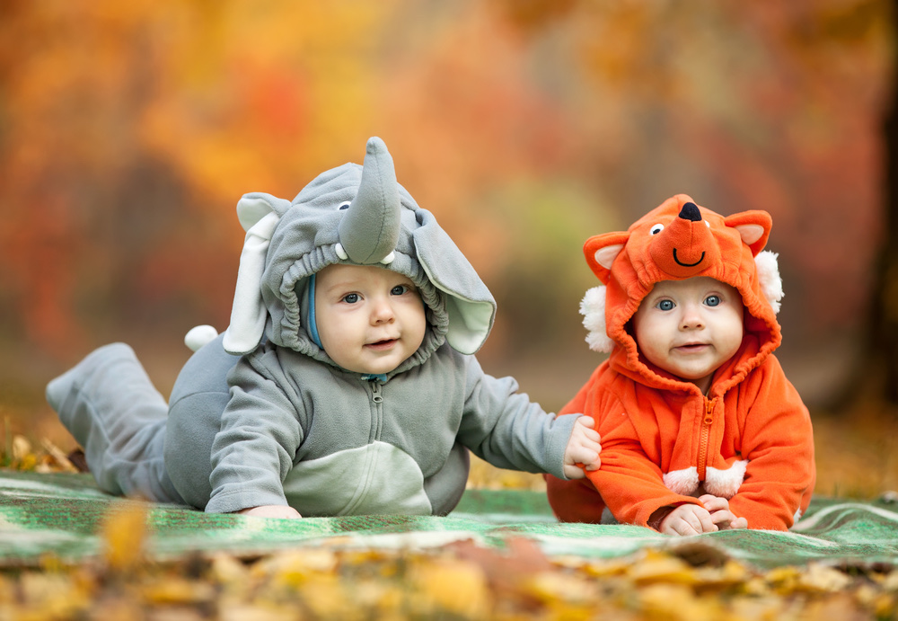 2 babies in animal costumes